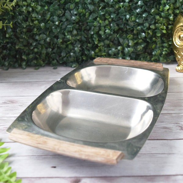 Vintage Lundtofte Denmark Stainless Steel Divided Tray with Teak Handles, Midcentury Modern Danish Dual Serving Sectioned Platter Minimalism