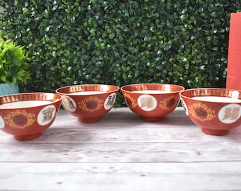 Vintage Asian Red Rice Bowls with Gold Chinese Characters Made in Taiwan Set of 4, Red & Gold Color Small Round Bowls, Porcelain Soup Bowls