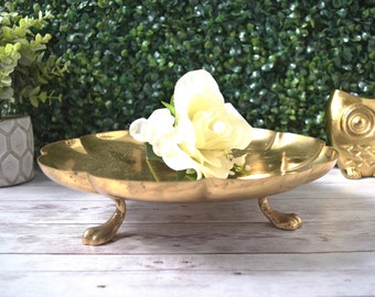 Vintage Large 10inch Round Dirilyte Footed Tray Hollywood Regency, MCM Brass Like Coffee Table Serving Centerpiece with Scalloped Rim