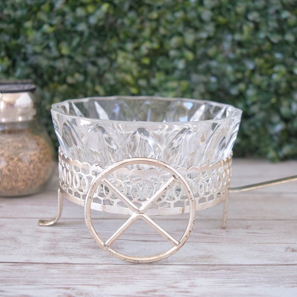 Crystal Candy Dish with Stainless Steel Wheel Barrow Cart Holder, Table Display with Clear Pressed Cut Bowl Made in England