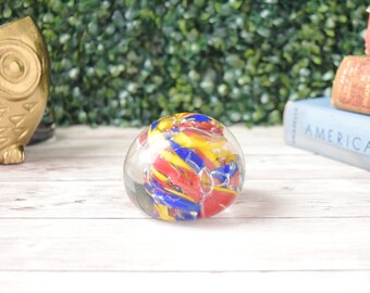 Vintage Murano Millefiori Art Glass Paperweight, Multicolor Swirl Heavy Glass Desk Decorative with Controlled Bubbles