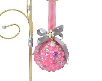 Pink Bling Christmas Ornament Embellished w/ Rhinestones, Repurposed Vintage Crystal Ball Tree Trimmer Accent, Jeweled Xmas Decoration