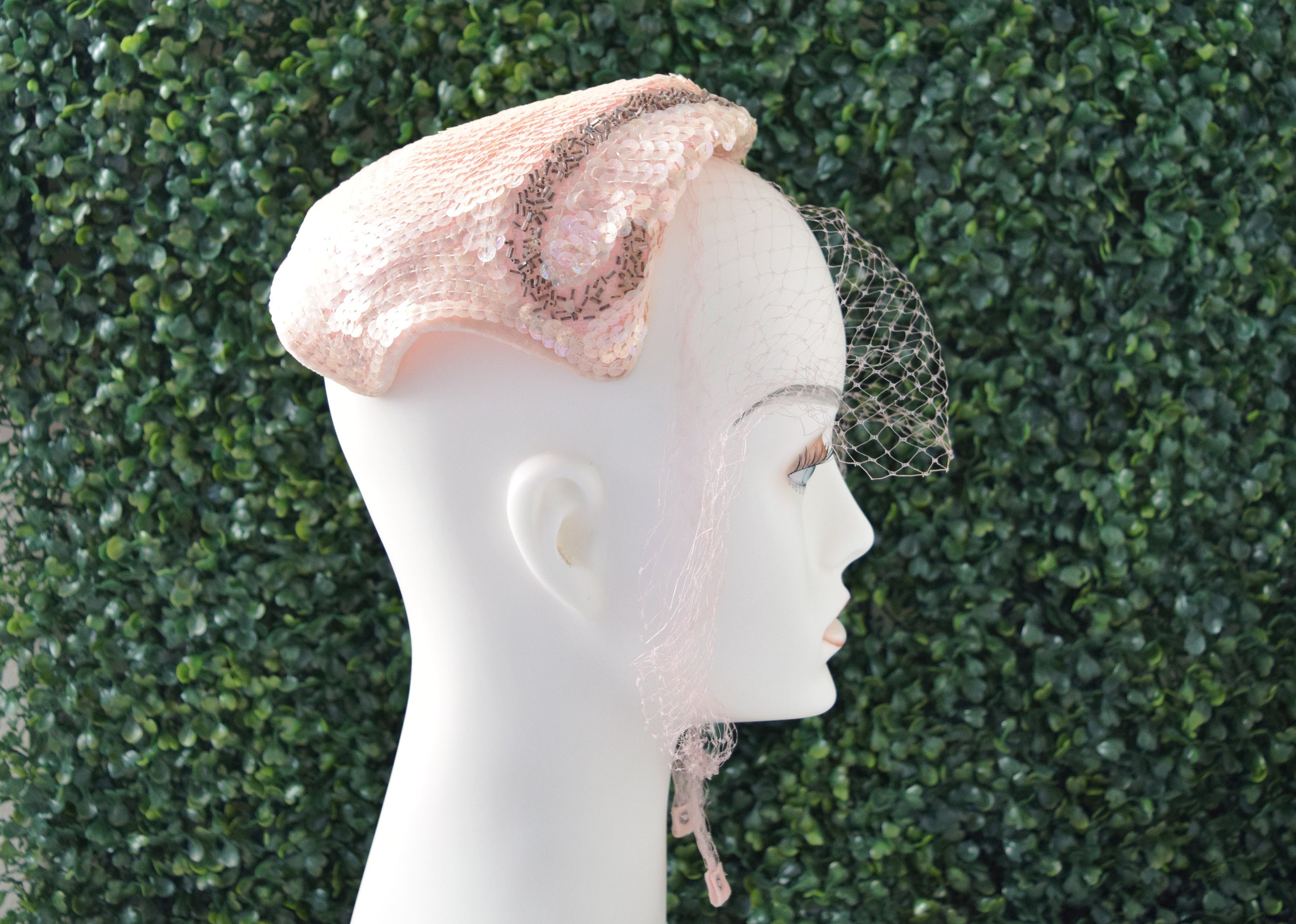Vintage 1950s Blush Pink Sequin Tulle Fascinator Hat Vintage Pink Sequins Fascinator Hat With Netting, 1950s  main image 2