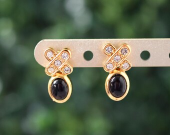Vintage NOS Pair of 1995 Avon Genuine Onyx Stone Kiss Pierced Earrings in Gold Tone, Small Earrings with Crossed Rhinestones Classy Look!