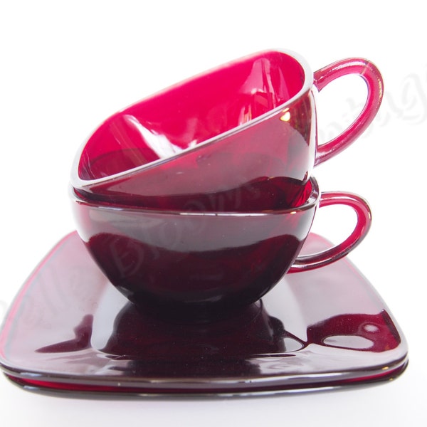 Ruby Red Glass Teacups and Square Saucer Plates Set for Two, Colored Glass Tea Cups with Handles