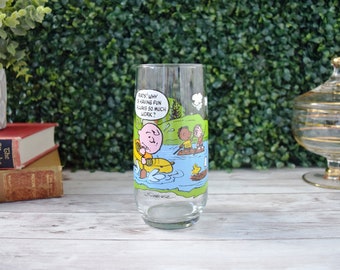 Collectible Vintage Snoopy Drink Glass Tumbler Charlie Brown "Hard Work", 1983 McDonalds Collector Camp Snoopy Water Glass 16oz Juice Glass