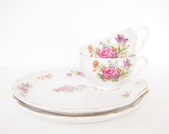 Vintage Pair of Luncheon Plates with Teacups, Fine Porcelain China Snack Set with Pink Flowers