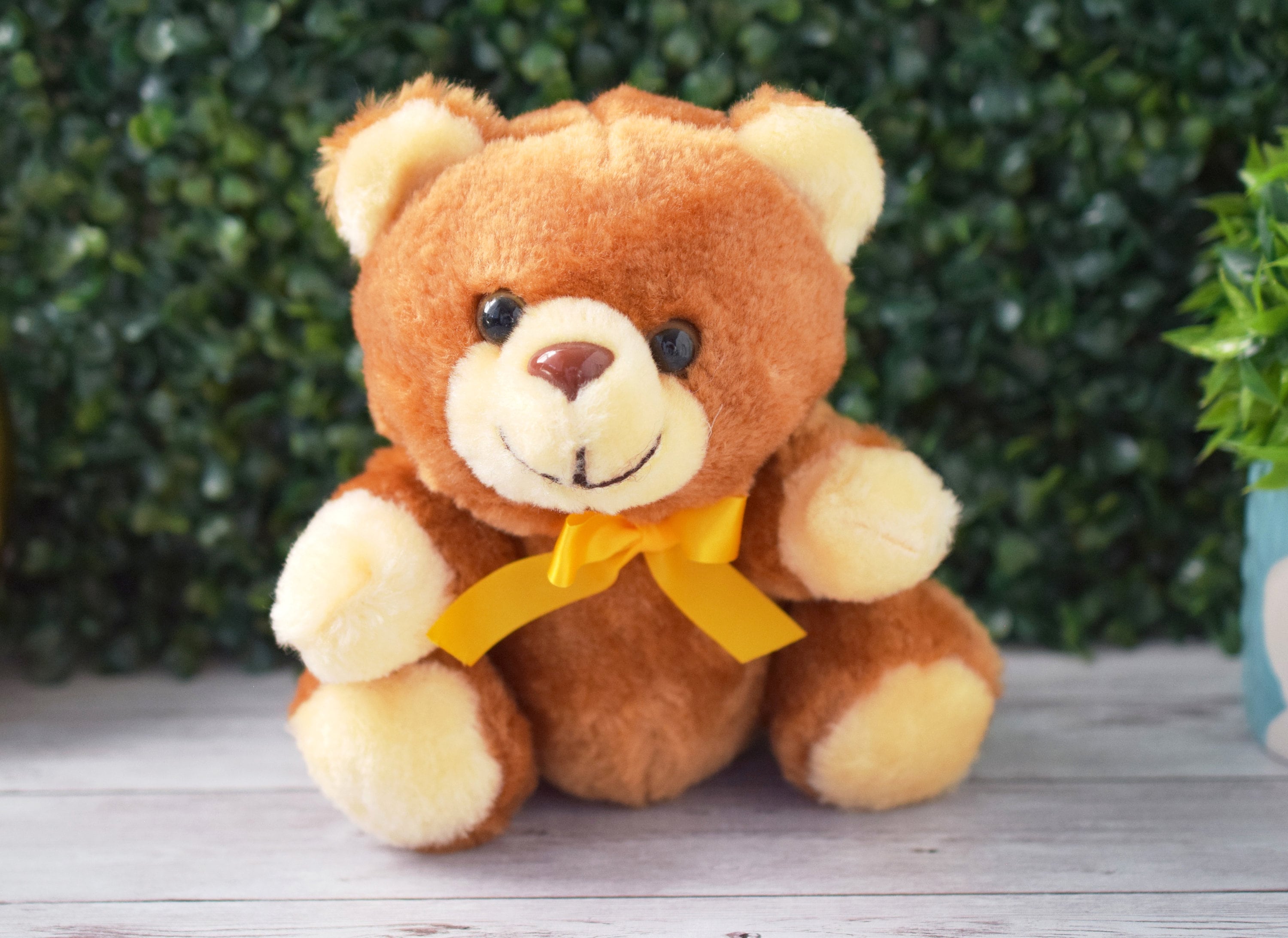 Vintage Honey Brown Color Small Teddy Bear Plush With Yellow Bow
