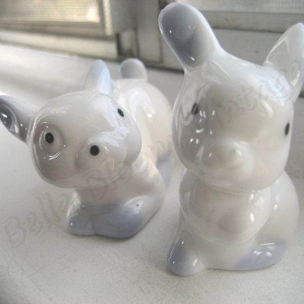 Miniature Bunnies Figurines Vintage Pair of Bone China White Blue Bunny Set of Cute Rabbits Porcelain Statues collectible Animal Desk Decor