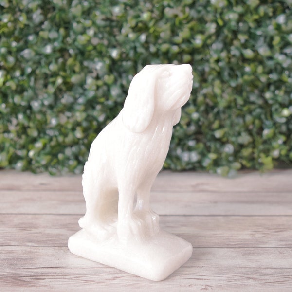 Vintage stone carved dog figurine, white quartz healing stone, decorative rock, hand made canine home decoration