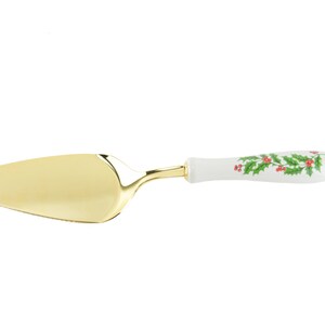 Vintage Christmas Pie Server, Xmas Dessert Cake Cutter, Holiday Serving Spoon with White Porcelain Handle Holly Berries Design image 3