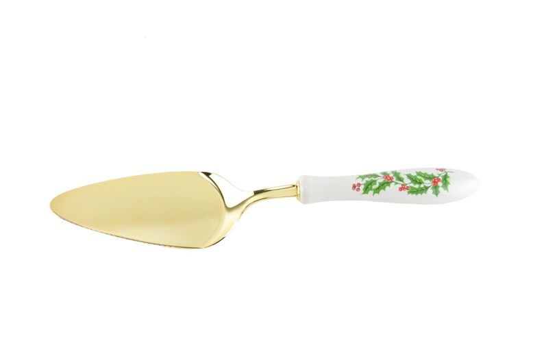 Vintage Christmas Pie Server, Xmas Dessert Cake Cutter, Holiday Serving Spoon with White Porcelain Handle Holly Berries Design image 3