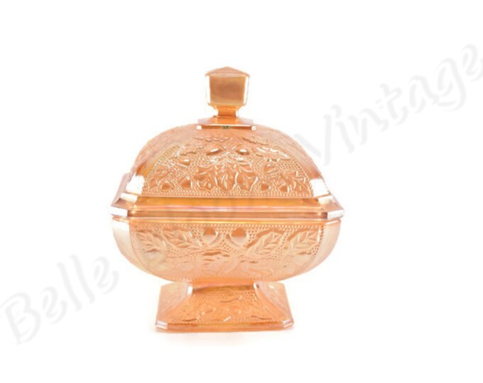 Lidded Colored Glass Candy Dish by Glass in Marigold, Footed