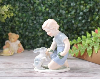 Vintage Blue Danube Girl with Bunny Figurine, Classic Fine Porcelain Lipper & Mann Desk Statue, Country Chic Gift for Rabbit Lover, Nature