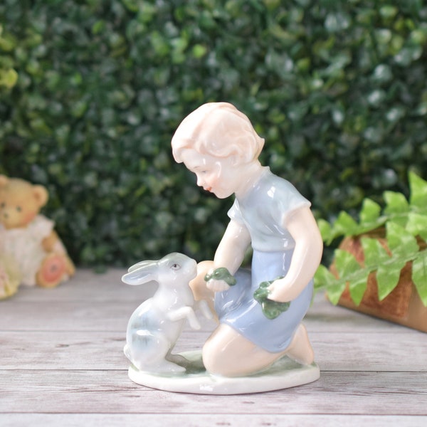 Vintage Blue Danube Girl with Bunny Figurine, Classic Fine Porcelain Lipper & Mann Desk Statue, Country Chic Gift for Rabbit Lover, Nature