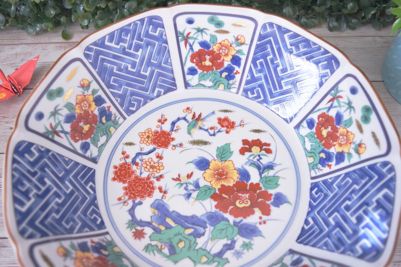Vintage Chinese Japanese Decorative Imari Style Bowl with Blue and White Panels and Red Lotus Flowers