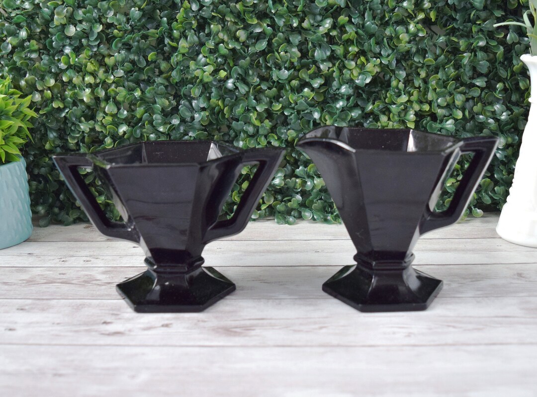 Vintage Black Glass Sugar Bowl and Creamer Set Geometric Etsy