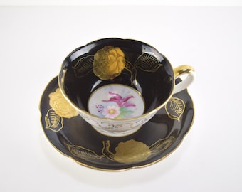 Vintage Black and Gold Teacup and Saucer Set, Japanese Bone China Floral Tea Cup Flower Motif for Afternoon Tea!