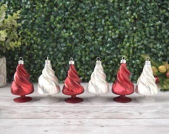Rare Papyrus Mini Blown Glass Red and White Christmas Tree Shape Glitter Christmas Ornaments Standing or Hanging, Box Set of 6 Decoration