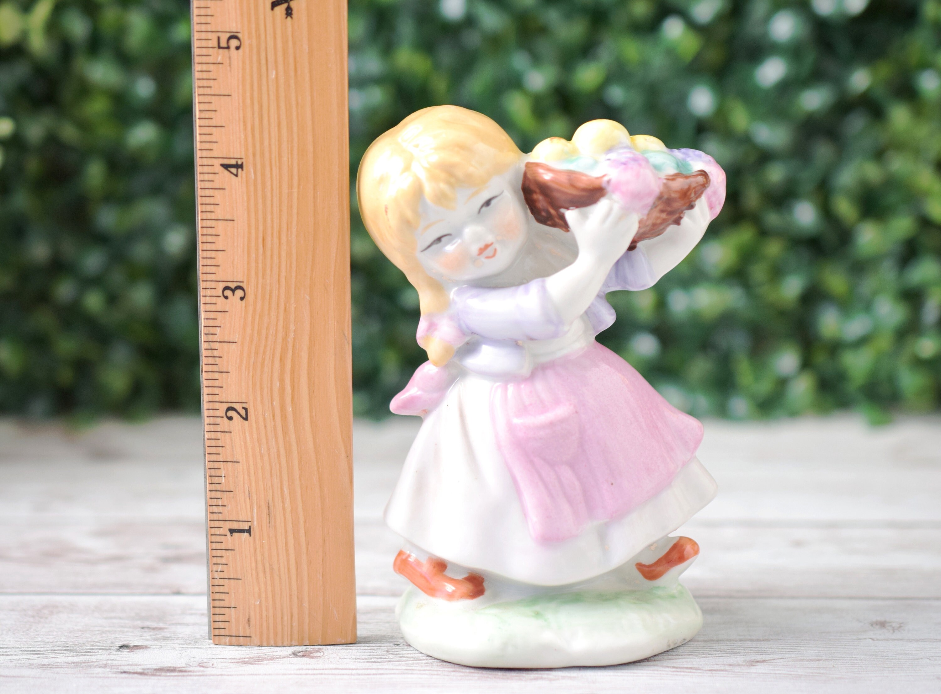 Vintage Retro Kitschy Porcelain Girl Carrying Basket of Fruits