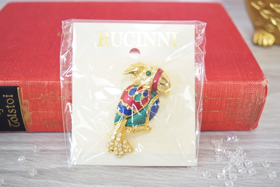 Vintage Rucinni Enamel Parrot Bird Brooch with Sw… - image 1