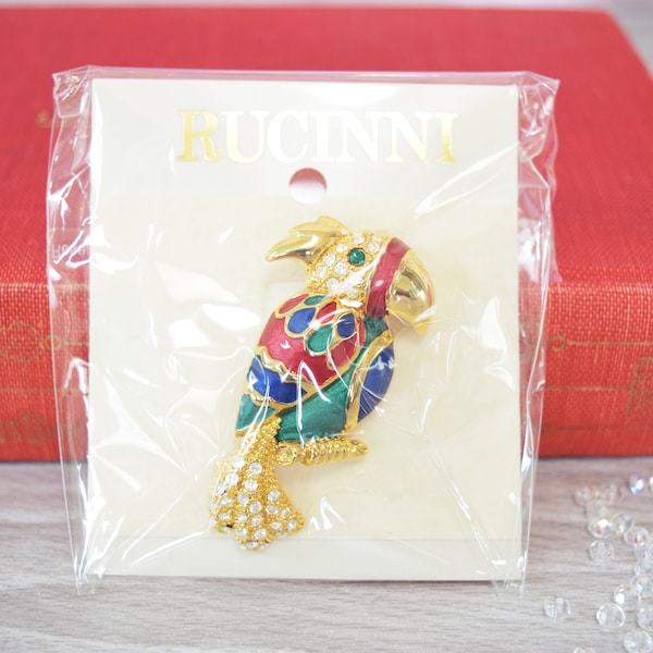 Vintage Rucinni Enamel Parrot Bird Brooch with Swarovski Crystals | Shiny Gold Plated Metal Pin with Bling Rhinestones | 2 Inches
