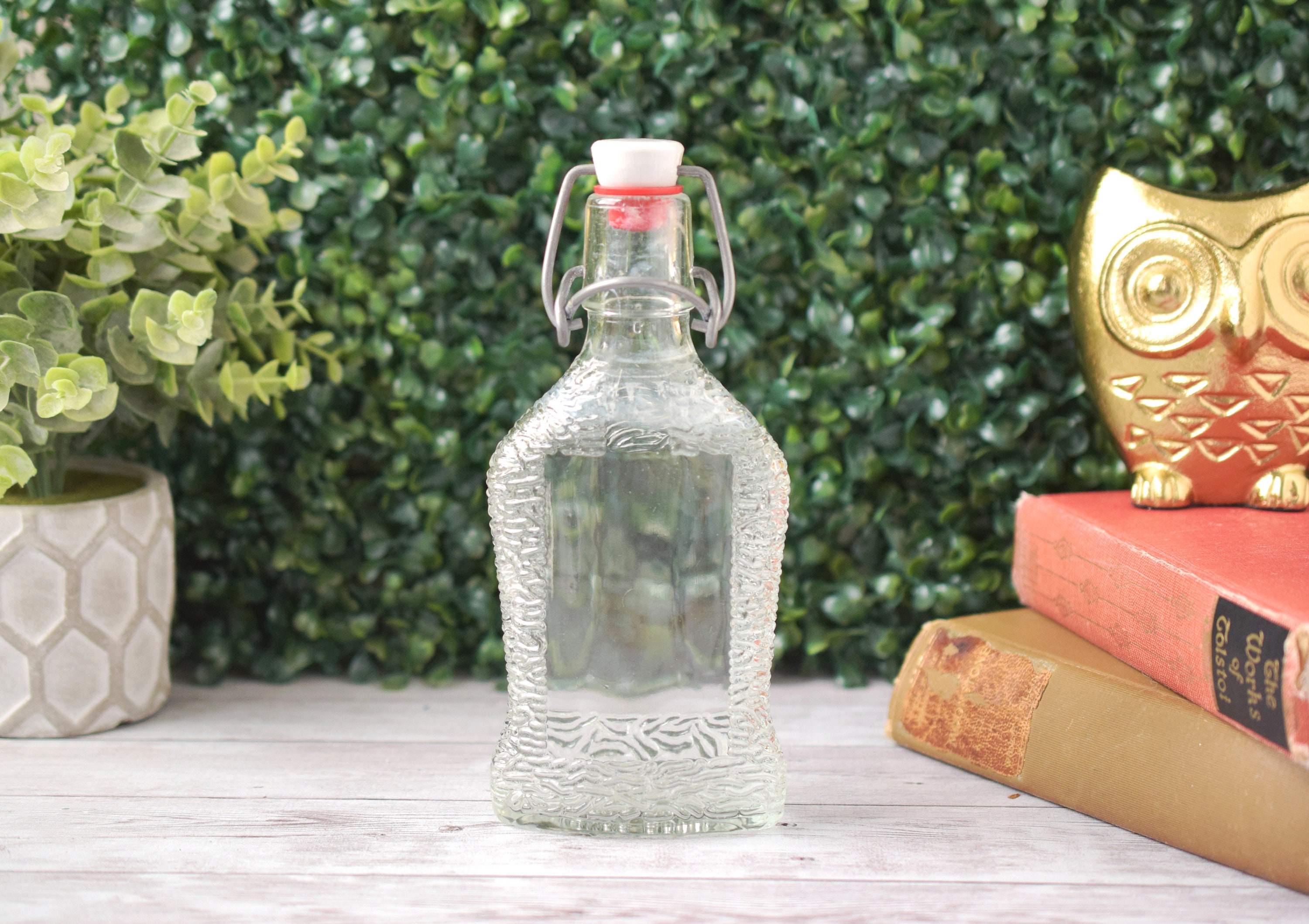 Vintage Collectible Clear Glass Bottle With Porcelain Stopper Made