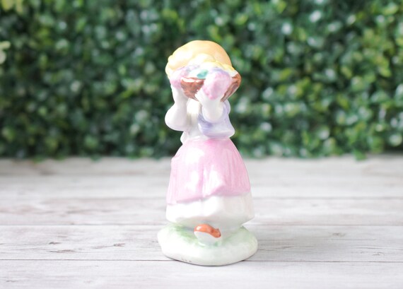 Vintage Retro Kitschy Porcelain Girl Carrying Basket of Fruits
