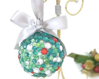 Handmade Christmas Ball Ornament Bling in Green Red White Rhinestones, Repurposed Crystal Globe Ornament w/ Satin Ribbon, Embellished Decor