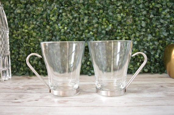 Vintage Italian Vitrosax Glass Coffee Mugs Cups With Removable Stainless  Steel Handles, Espresso Cups Set 
