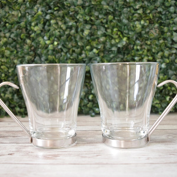 Vintage Italian Vitrosax Glass Coffee Mugs Cups with Removable Stainless Steel Handles, Espresso Cups Set