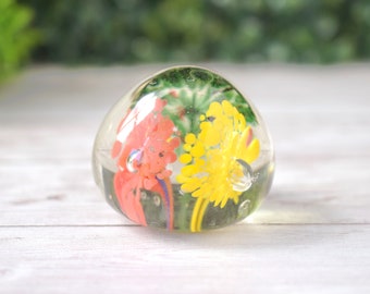 Vintage Murano Glass Paperweight Multicolor with Controlled Bubbles, Red Yellow Green Flower Design Art Glass Desk Decoration, Office Decor