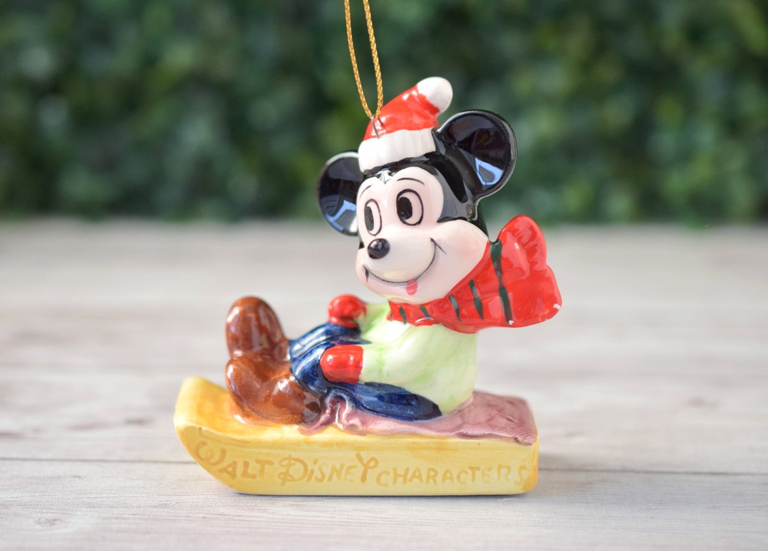 Vintage Retro Mickey Mouse on Sled Christmas Ornament, 1980s Walt