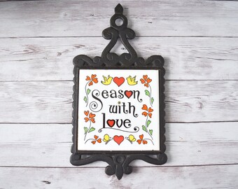 Vintage Cast Iron Trivet Porcelain Square Tile "Seasons With Love" 10 Inch Tall Taiwan, Floral Birds Butterfly Retro Padding for Hot Pans