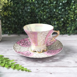 Vintage Pink and White Iridescent Tea Cup Saucer Plate Set with Gold Dainty Flowers Design, Footed Nasco Japan Floral Cup and Cut Out Plate