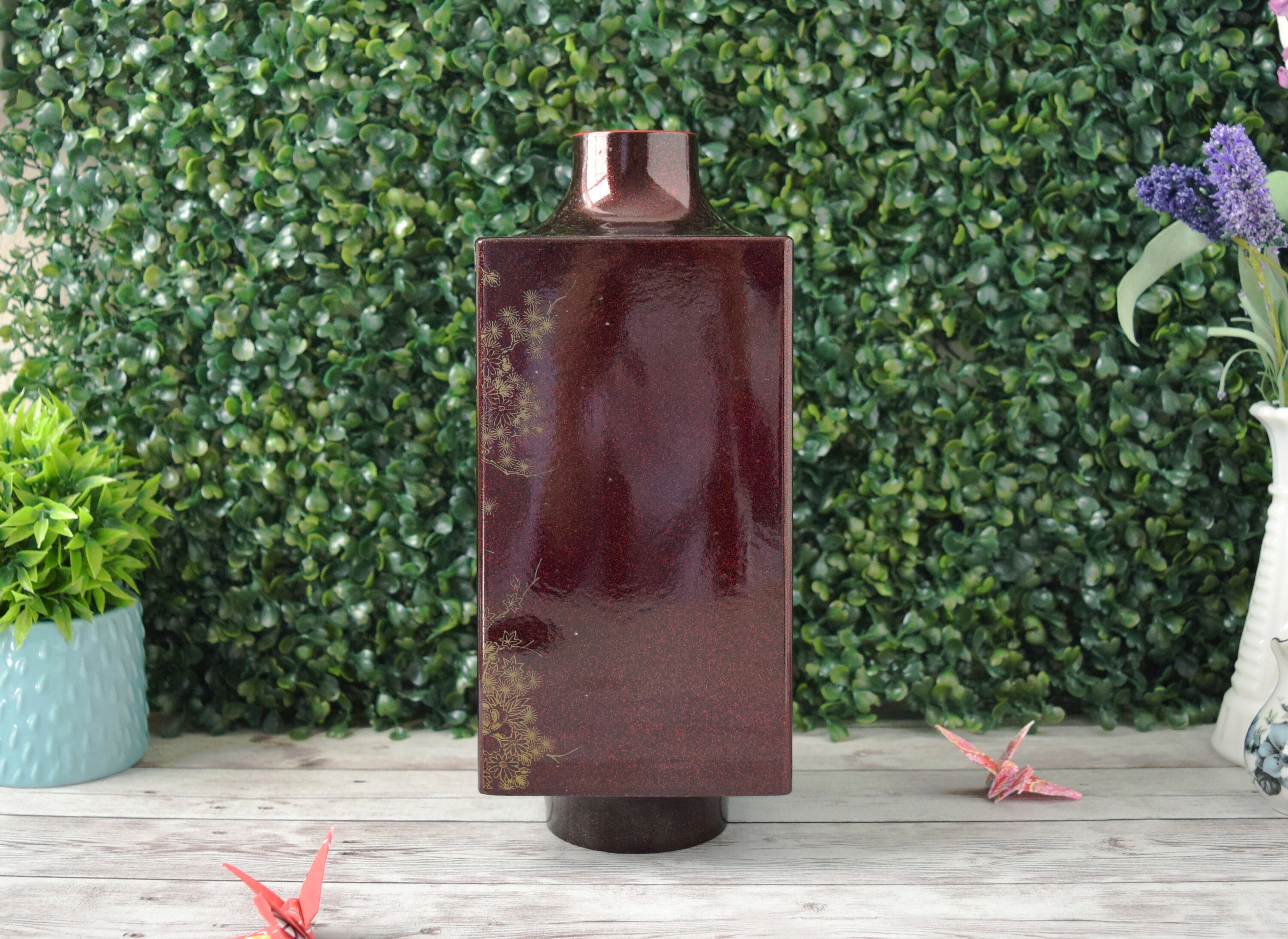 Tall Vintage Japanese Vase With Cranes and Chrysanthemums, Angular