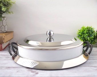 Large Vintage MCM Carlo Giannini Casserole Serving Dish 3 Piece Set with Stainless Steel Lid and Tray Made in Italy, Hostess Table Setting