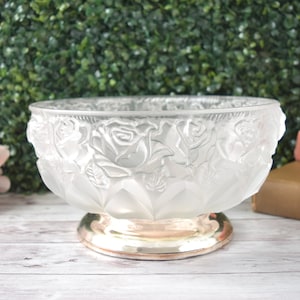 Vintage Heavy Crystal Glass Pedestal Bowl with Embossed Roses Design, Silver Plate Footed Frosted Glass Large Fruit Bowl Made in W. Germany