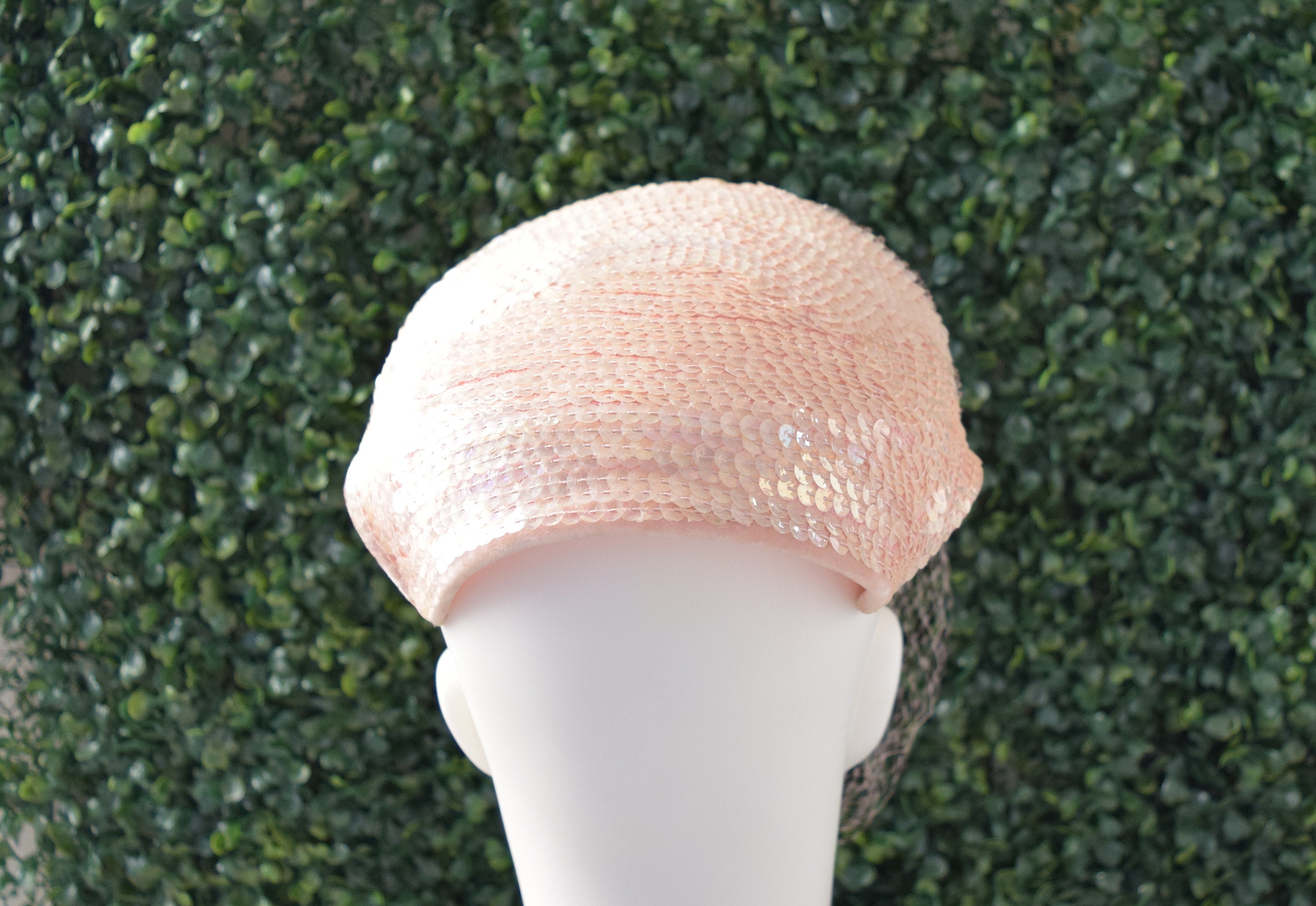 Vintage 1950’s Pink Sequin Fascinator Woman’s Hat Peach Pink Feather Fascinator Hat for Women – Tea Party  main image 2