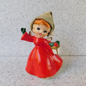 Mid Century Norcrest Christmas Angel Figurine with Hat and Hair, Christmas Girl with Lantern, Kitschmas Decor, Made in Japan
