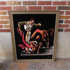 Large 36 x 30 Framed Vintage Black Velvet Matador and Bull Painting, Black Velvet Bullfighter, Bullfighting Painting, Kitsch Wall Decor