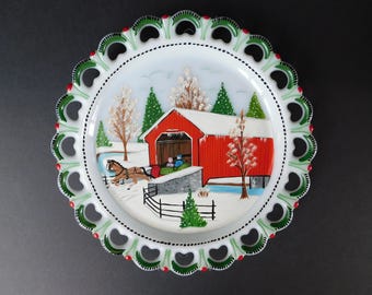 Large Vintage Anchor Hocking Lace Edge Milk Glass Painted Plate with Winter Covered Bridge Scene, Horse and Sleigh