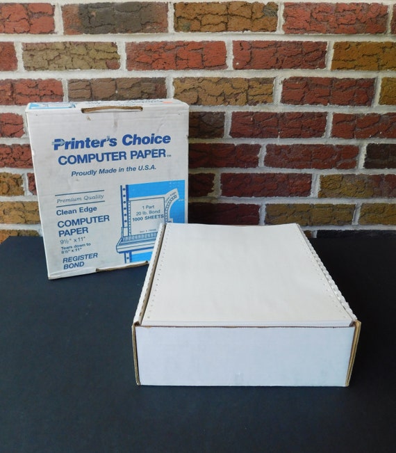 NOS Box of Continuous Feed White Computer Paper, Printer's Choice, 8.5 X  11, Clean Edge, Nearly 1000 Sheets 