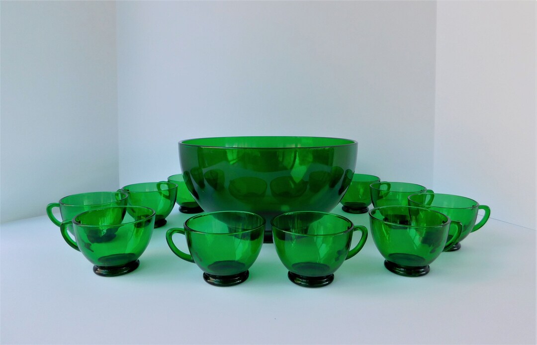 Mid Century Anchor Hocking Green Punch Bowl With 10 Cups, Punch Set