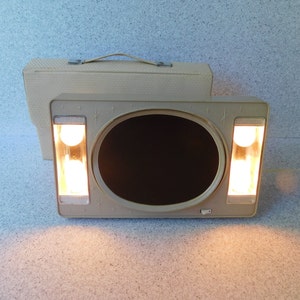 Mid Century Lighted Makeup Mirror with New Light Bulbs and Case, Atomic Stars, Vanity Mirror, Two-Sided Magnified Mirror, Cosmetics Mirror