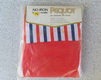 1970's NOS Pequot Full Size or Double Flat Sheet, Red White and Blue Striped Bed Sheet, No Iron Muslin