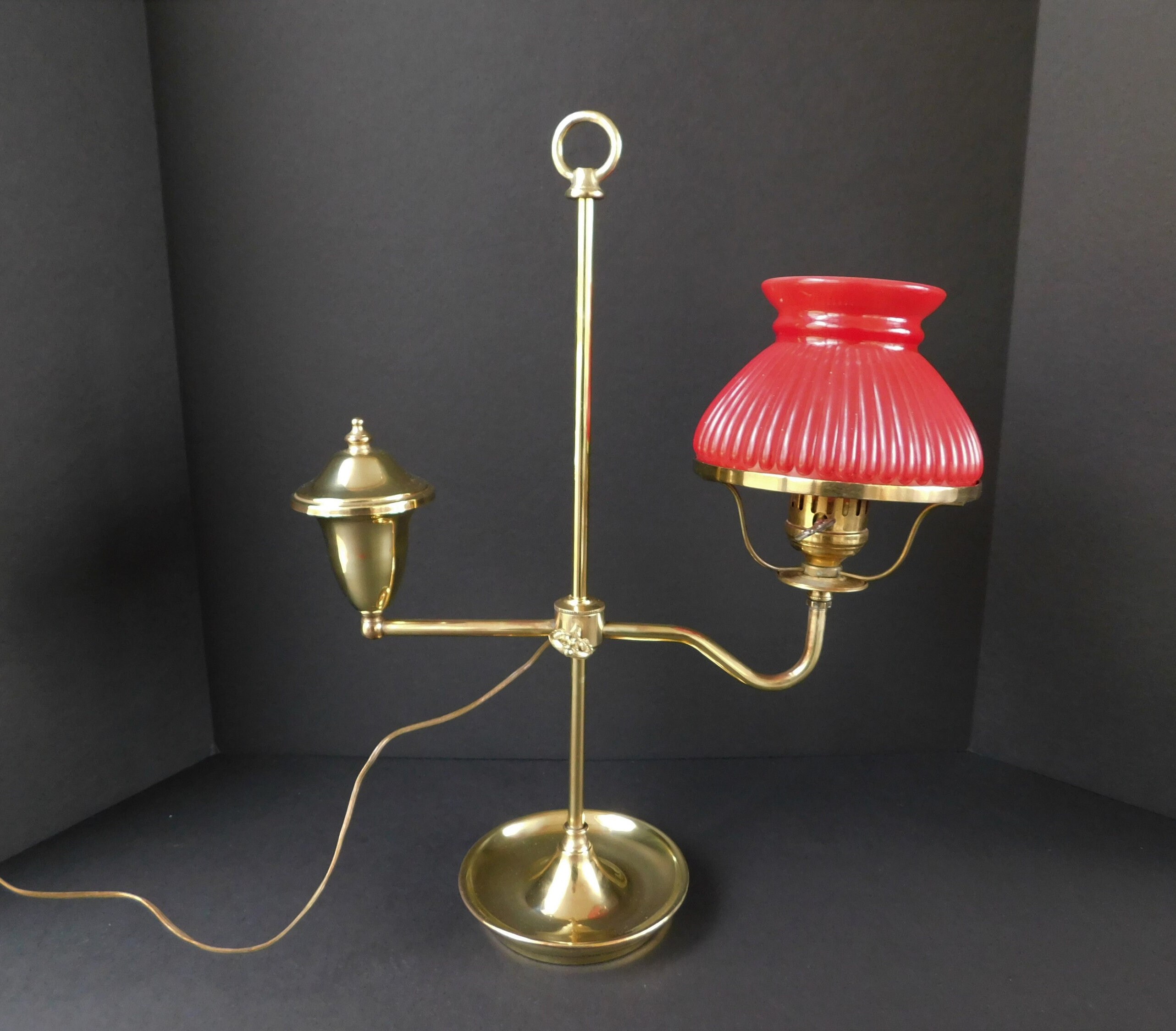 Working Vintage Single Arm Adjustable Student Lamp With Red Glass