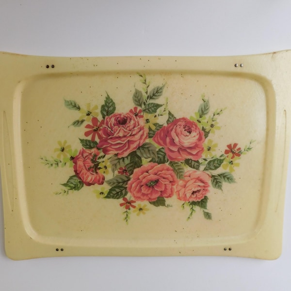 One Vintage Mid Century Standing Fiberglass TV Tray with Pink Floral Design, Quaker Industries