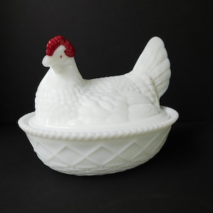 Large Westmoreland Milk Glass Hen on Nest with Red Comb, Farmhouse or Kitchen Decor