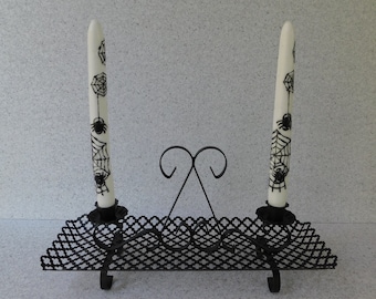 Vintage Black Pierced Metal Centerpiece with 2 Candle Holders, Quatrefoil Candleholders, Punched or Perforated Metal, Home Decor